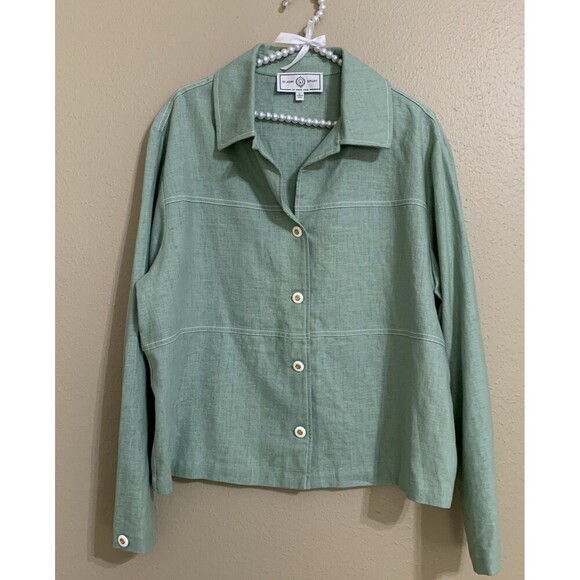 St. John Sport Size L Button Down Shirt 100% Linen Mint Green Relaxed Coastal - Picture 2 of 9